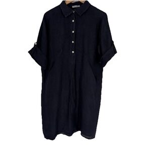 Elena Baldi Womens Linen Shift Dress‎ L Navy Blue Pockets Coastal Beachy Minimal